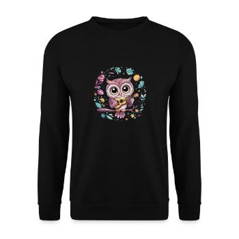 Niedliche Eule Vogel Federn Blumen Gitarre - Unisex Pullover - Schwarz - Vorne - Alina (178cm) & Michal (187cm)