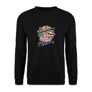 Party Flamingo 'Bin da kann losgehen' Mädelsabend - Unisex Pullover - Schwarz - Vorne - Alina (178cm) & Michal (187cm)
