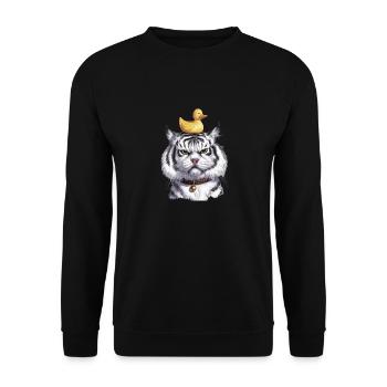 Niedliche Katze mit Ente auf dem Kopf für Kinder - Unisex Pullover - Schwarz - Vorne - Alina (178cm) & Michal (187cm)
