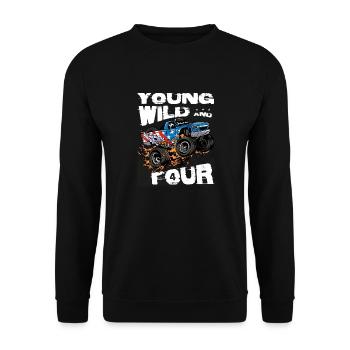 Junger, wilder und 4. Geburtstag Junge Monster Truck - Unisex Pullover - Schwarz - Vorne - Alina (178cm) & Michal (187cm)