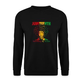 Juneteenth 1865 Gedenken an meine Vorfahren - Unisex Pullover - Schwarz - Vorne - Alina (178cm) & Michal (187cm)