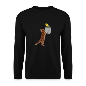 Chat atteignant la perruche dans une fausse poche imprimée - Sweat-shirt Unisexe - noir - Devant - Alina (178cm) & Michal (187cm)