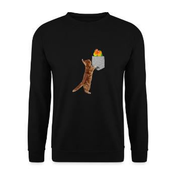 Katze, die nach Turteltauben in gefälschter Print-On-Tasche greift - Unisex Pullover - Schwarz - Vorne - Alina (178cm) & Michal (187cm)