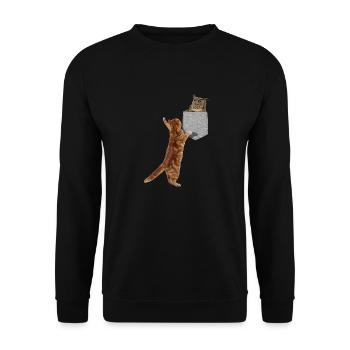 Cat Reaching For Owl In Fake Funny Print-On Pocket - Unisex Sweatshirt - black - Front - Alina (178cm) & Michal (187cm)