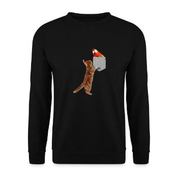 Katze, die nach rotem Ara in gefälschter Print-On-Tasche greift - Unisex Pullover - Schwarz - Vorne - Alina (178cm) & Michal (187cm)
