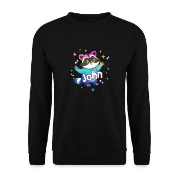 JOHN - Schöner Jungen Name mit süßem Waschbär - Unisex Pullover - Schwarz - Vorne - Alina (178cm) & Michal (187cm)