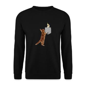 chat atteignant cockatiel oiseau fausse poche imprimée - Sweat-shirt Unisexe - noir - Devant - Alina (178cm) & Michal (187cm)