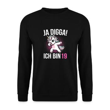 19. Geburtstag Frauen Einhorn Geschenk - Unisex Pullover - Schwarz - Vorne - Alina (178cm) & Michal (187cm)