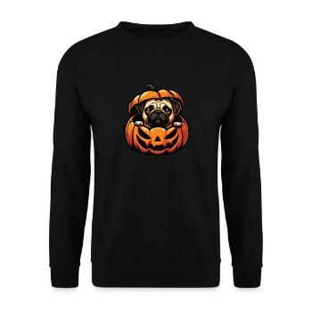 Halloween Hund, Herbst Kürbis Mops - Unisex Pullover - Schwarz - Vorne - Alina (178cm) & Michal (187cm)