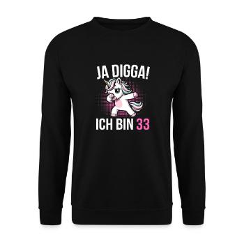 33. Geburtstag Frauen Einhorn Geschenk - Unisex Pullover - Schwarz - Vorne - Alina (178cm) & Michal (187cm)