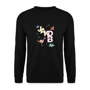 JAKOB - Schöner Jungen Name mit Dinosaurier - Unisex Pullover - Schwarz - Vorne - Alina (178cm) & Michal (187cm)