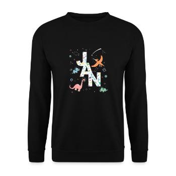 JAN - Schöner Jungen Name mit Dinosaurier - Unisex Pullover - Schwarz - Vorne - Alina (178cm) & Michal (187cm)