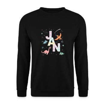 JAN - Schöner Jungen Name mit Dinosaurier - Unisex Pullover - Schwarz - Vorne - Alina (178cm) & Michal (187cm)