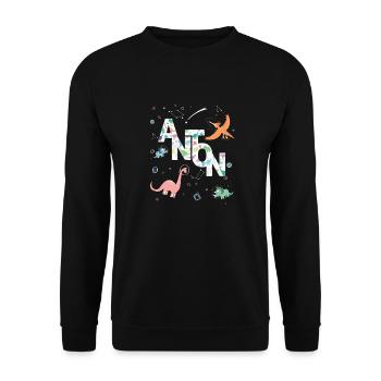 ANTON - Beau prénom de garçon avec dinosaure - Sweat-shirt Unisexe - noir - Devant - Alina (178cm) & Michal (187cm)