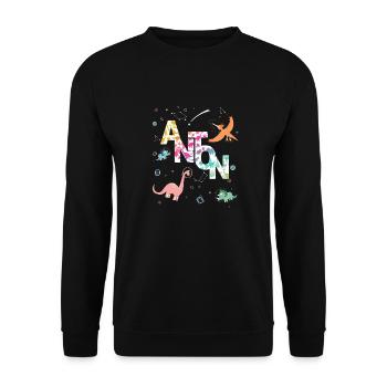 ANTON - Beau prénom de garçon avec dinosaure - Sweat-shirt Unisexe - noir - Devant - Alina (178cm) & Michal (187cm)