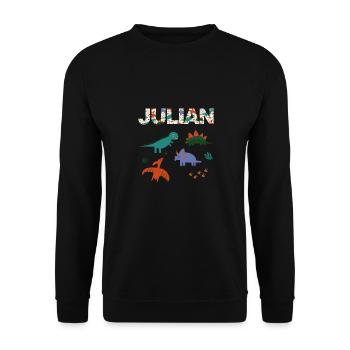 JULIAN - Schöner Jungen Name mit Dinosaurier - Unisex Pullover - Schwarz - Vorne - Alina (178cm) & Michal (187cm)