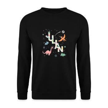JULIAN - Schöner Jungen Name mit Dinosaurier - Unisex Pullover - Schwarz - Vorne - Alina (178cm) & Michal (187cm)