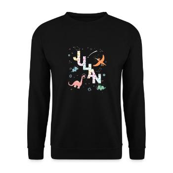 JULIAN - Schöner Jungen Name mit Dinosaurier - Unisex Pullover - Schwarz - Vorne - Alina (178cm) & Michal (187cm)