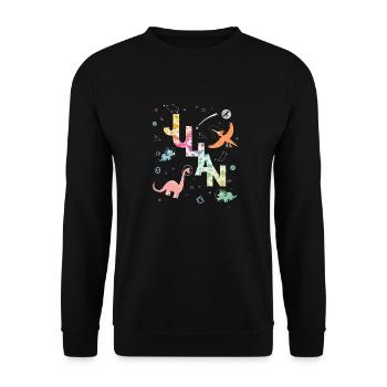 JULIAN - Schöner Jungen Name mit Dinosaurier - Unisex Pullover - Schwarz - Vorne - Alina (178cm) & Michal (187cm)
