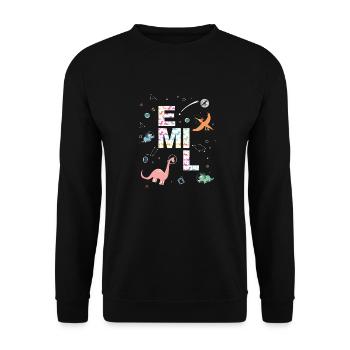 EMIL - Beautiful boy name with dinosaur - Unisex Sweatshirt - black - Front - Alina (178cm) & Michal (187cm)