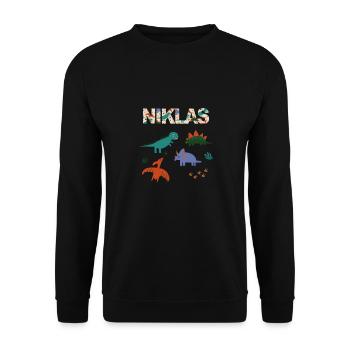 NIKLAS - Schöner Jungen Name mit Dinosaurier - Unisex Pullover - Schwarz - Vorne - Alina (178cm) & Michal (187cm)