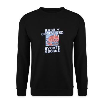 Leicht Ablenkbar Durch Katzen und Bücher - Unisex Pullover - Schwarz - Vorne - Alina (178cm) & Michal (187cm)