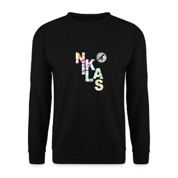 NIKLAS - Beautiful boy name with dinosaur - Unisex Sweatshirt - black - Front - Alina (178cm) & Michal (187cm)