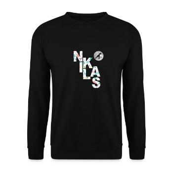 NIKLAS - Schöner Jungen Name mit Dinosaurier - Unisex Pullover - Schwarz - Vorne - Alina (178cm) & Michal (187cm)