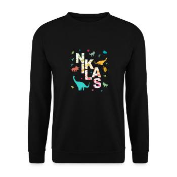 NIKLAS - Schöner Jungen Name mit Dinosaurier - Unisex Pullover - Schwarz - Vorne - Alina (178cm) & Michal (187cm)