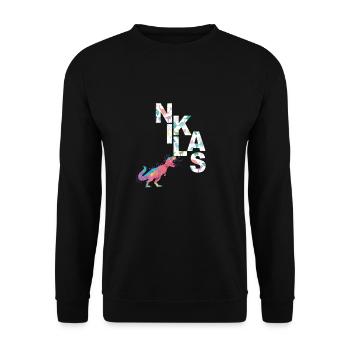 NIKLAS - Beautiful boy name with dinosaur - Unisex Sweatshirt - black - Front - Alina (178cm) & Michal (187cm)