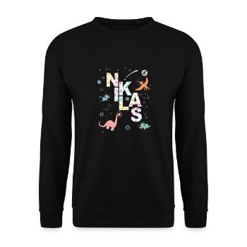 NIKLAS - Schöner Jungen Name mit Dinosaurier - Unisex Pullover - Schwarz - Vorne - Alina (178cm) & Michal (187cm)