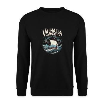 Wikingerschiff Valhalla Awaits für eine Wikinger - Unisex Pullover - Schwarz - Vorne - Alina (178cm) & Michal (187cm)