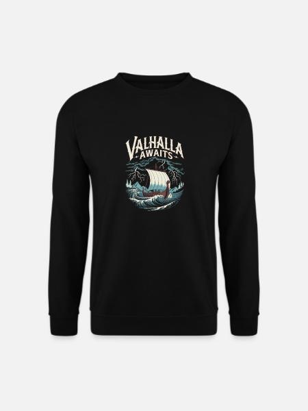 Wikingerschiff Valhalla Awaits für eine Wikinger - Unisex Pullover - Schwarz
