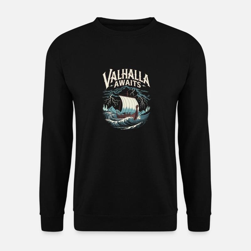 Wikingerschiff Valhalla Awaits für eine Wikinger - Unisex Pullover - Schwarz