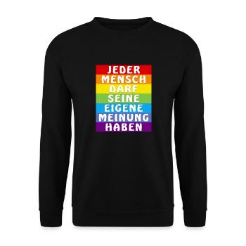 JEDER MENSCH DARF SEINE EIGENE MEINUNG HABEN - Unisex Pullover - Schwarz - Vorne - Alina (178cm) & Michal (187cm)