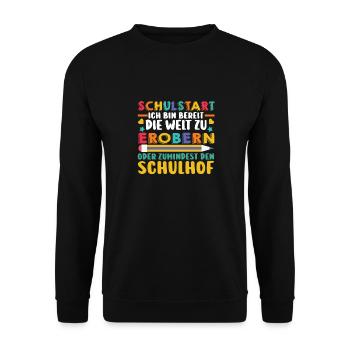 Erste Klasse Grundschule Schulbeginn Geschenk - Unisex Pullover - Schwarz - Vorne - Alina (178cm) & Michal (187cm)