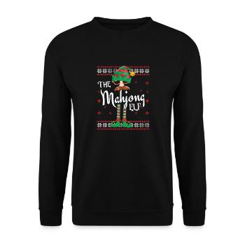 Mahjong Elf Weihnachts-Outfit für Familienfeiern - Unisex Pullover - Schwarz - Vorne - Alina (178cm) & Michal (187cm)