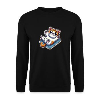 Süßes Kätzchen auf einer Decke will Bauch kraulen - Unisex Pullover - Schwarz - Vorne - Alina (178cm) & Michal (187cm)
