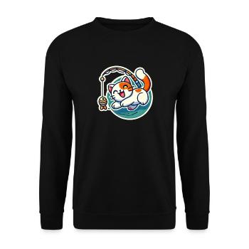 Süße rotbraune weiße Katze spielt mit einer Katzenangelrute - Unisex Pullover - Schwarz - Vorne - Alina (178cm) & Michal (187cm)