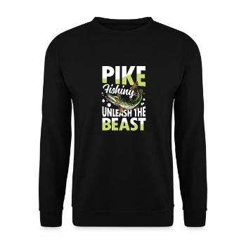 Pike Fishing Unleash the Beast für eine Anglerin - Unisex Pullover - Schwarz - Vorne - Alina (178cm) & Michal (187cm)
