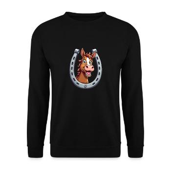 Pferd Lacht und Zeigt Zähne mit Hufeisen - Unisex Pullover - Schwarz - Vorne - Alina (178cm) & Michal (187cm)