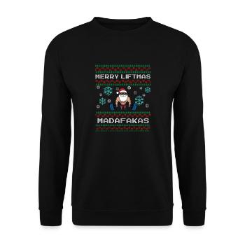 Merry Liftmas Lustiger Spruch mit Ugly Christmas - Unisex Pullover - Schwarz - Vorne - Alina (178cm) & Michal (187cm)