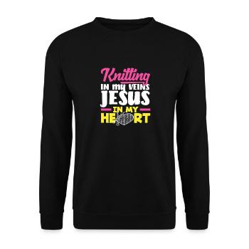 Stricken In Meinen Adern Jesus Im Herzen - Unisex Pullover - Schwarz - Vorne - Alina (178cm) & Michal (187cm)