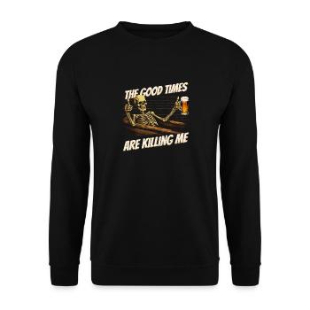 Die guten Zeiten bringen mich um - Funny Skull - Unisex Pullover - Schwarz - Vorne - Alina (178cm) & Michal (187cm)