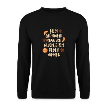 Glühwein MEIN GLÜHWEIN MUSS VON GLÜCKLICHEN REBEN - Unisex Pullover - Schwarz - Vorne - Alina (178cm) & Michal (187cm)