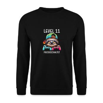 Level 11 Freigeschaltet Gamer Geburtstag Faultier - Unisex Pullover - Schwarz - Vorne - Alina (178cm) & Michal (187cm)