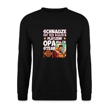 Opi SCHNAUZE AUF DEN BILLIGEN PLÄTZEN OPA WILL - Unisex Pullover - Schwarz - Vorne - Alina (178cm) & Michal (187cm)