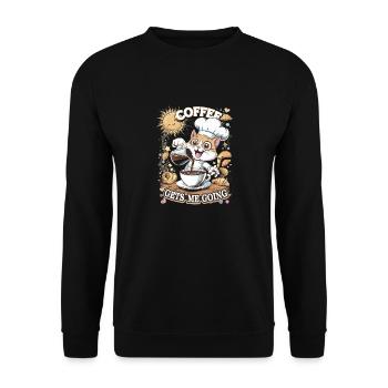 Niedliche Katze genießt den Morgenkaffee - Unisex Pullover - Schwarz - Vorne - Alina (178cm) & Michal (187cm)