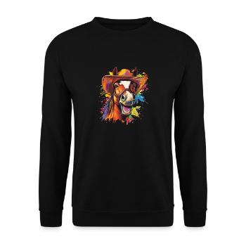 Humorvolles Cowboy Pferdeporträt - Unisex Pullover - Schwarz - Vorne - Alina (178cm) & Michal (187cm)