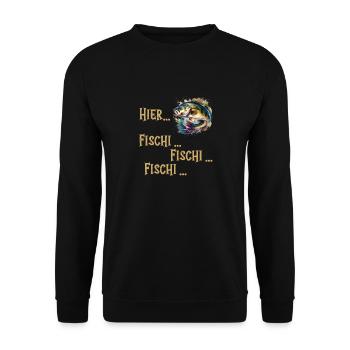 Angler HIER FISCHI FISCHI FISCHI Lustiges Angeln - Unisex Pullover - Schwarz - Vorne - Alina (178cm) & Michal (187cm)